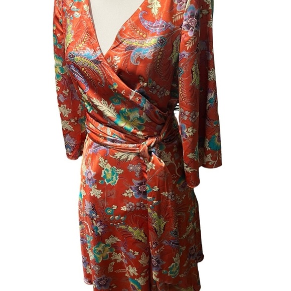 Y Apparel Kimono Style Floral Knee Length Dress Deep Pink Coral Flare Sleeve M - Picture 2 of 12